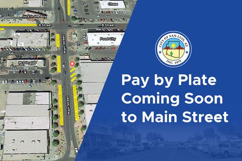 image of main street here pay by plate will be affecting with a text overlay that reads pay by plate