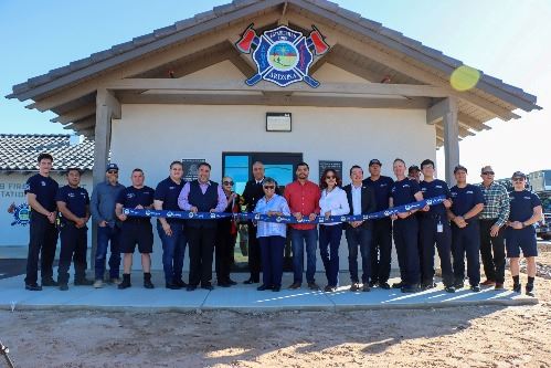 San Luis Fire Department alongside Mayor and Council celebrate the fire station 2 ribbon cutting