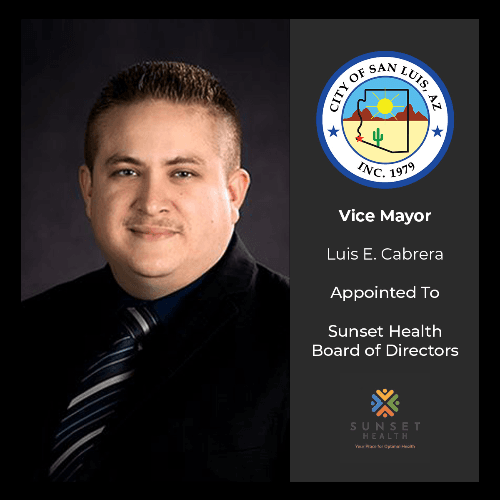 Photo of Vice Mayor Cabrera which reads; Vice Mayor Cabrera appointed to Sunset Health Board