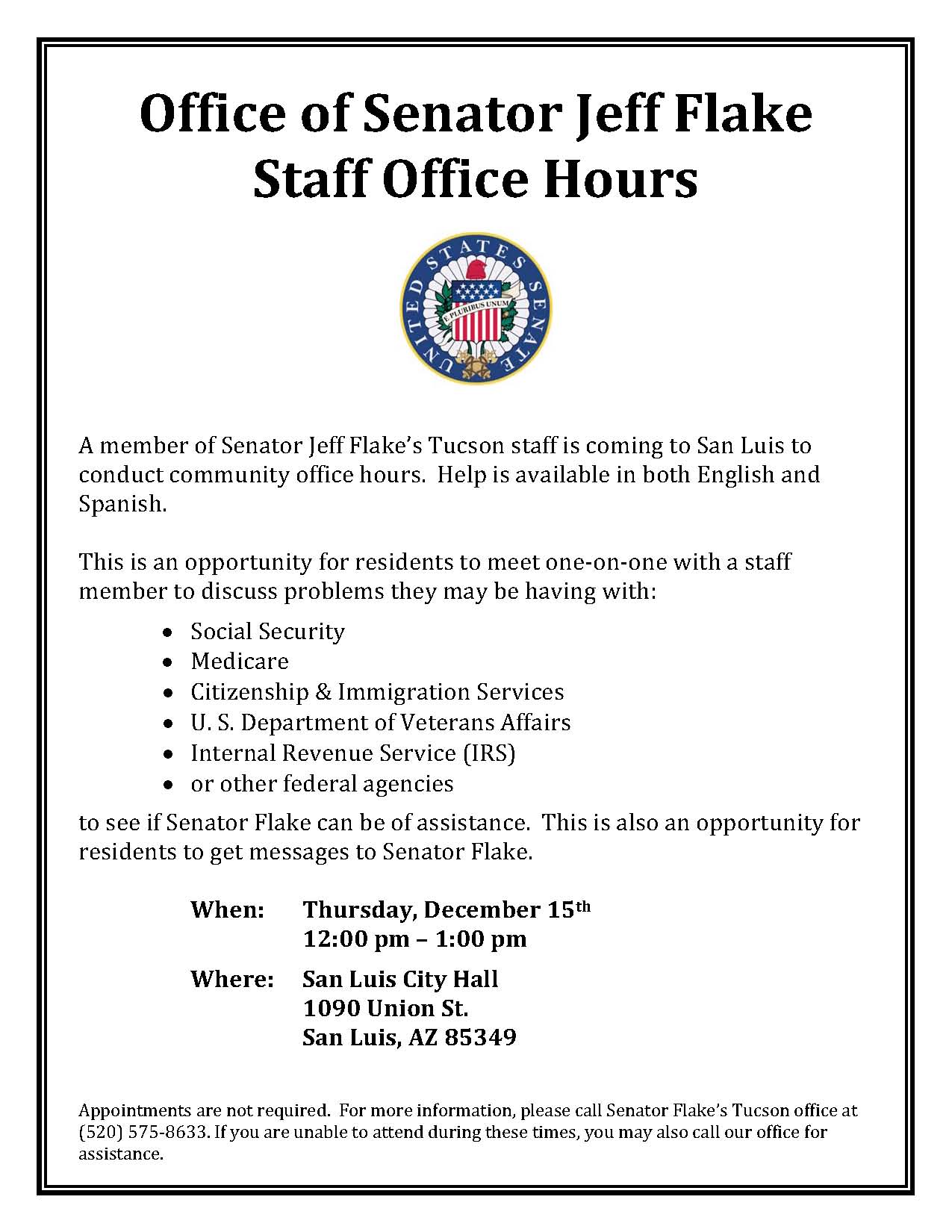 San Luis Flake Staff Office Hours 12-15-16